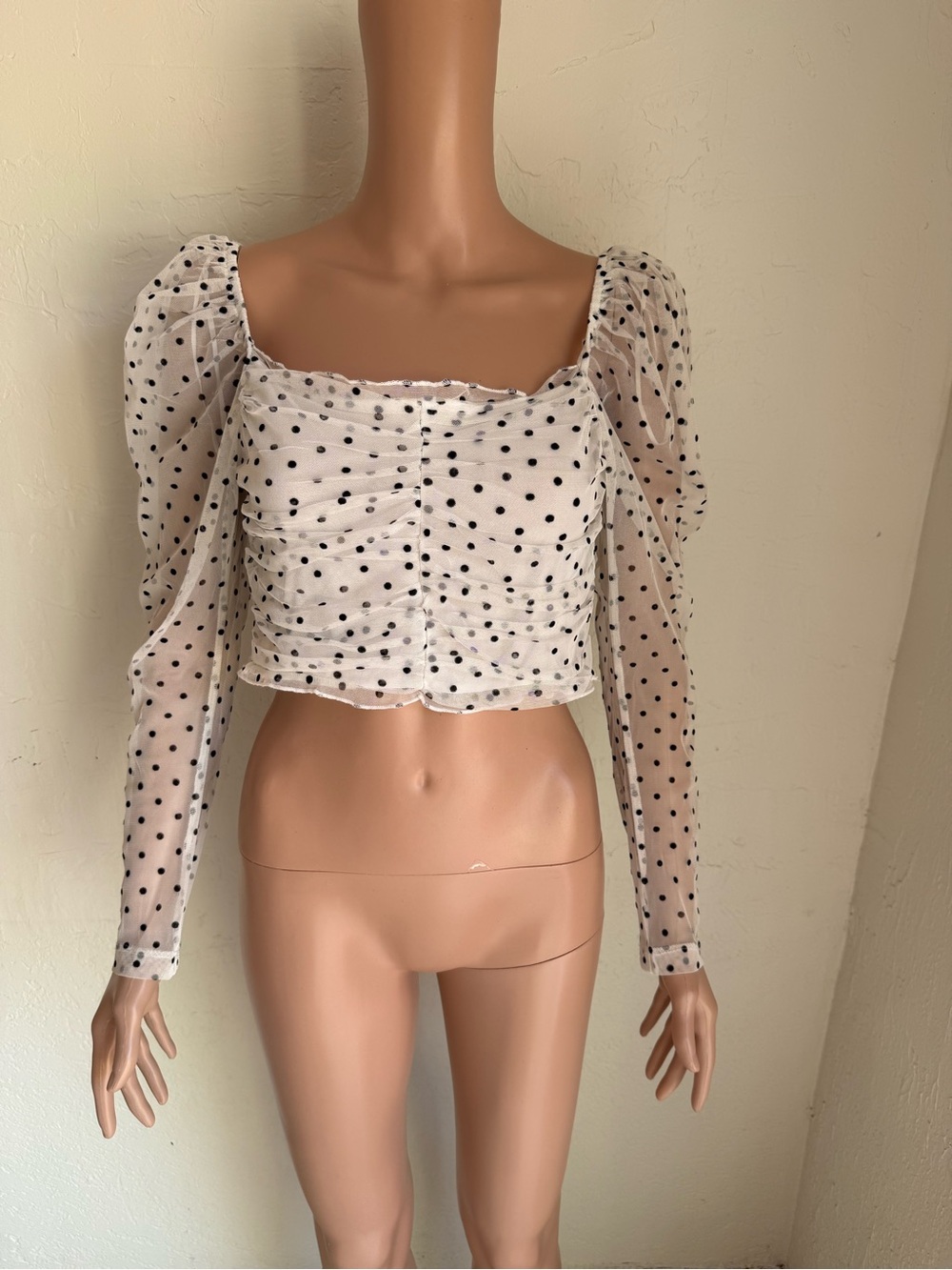 Divided By H&M Sheer Polka Dot Puff Sleeve Crop Top White/Black Women’s Size M